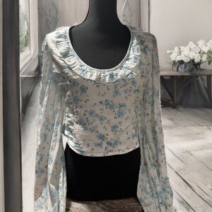 Free People Floral Cropped Peasant Blouse White Blue Lightweight Large